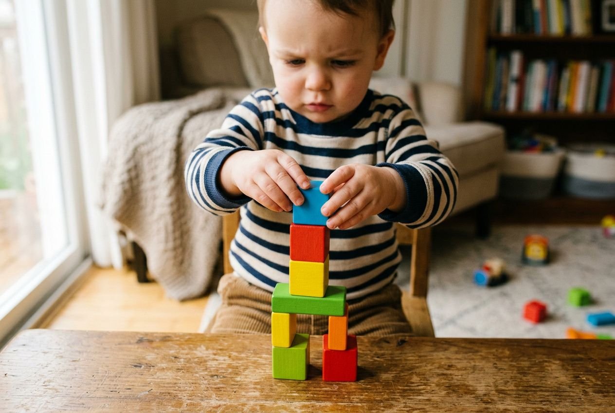 Petit garçon de 2 ans empilant des cubes colorés sur une table, activité de motricité fine enfant 2 a.