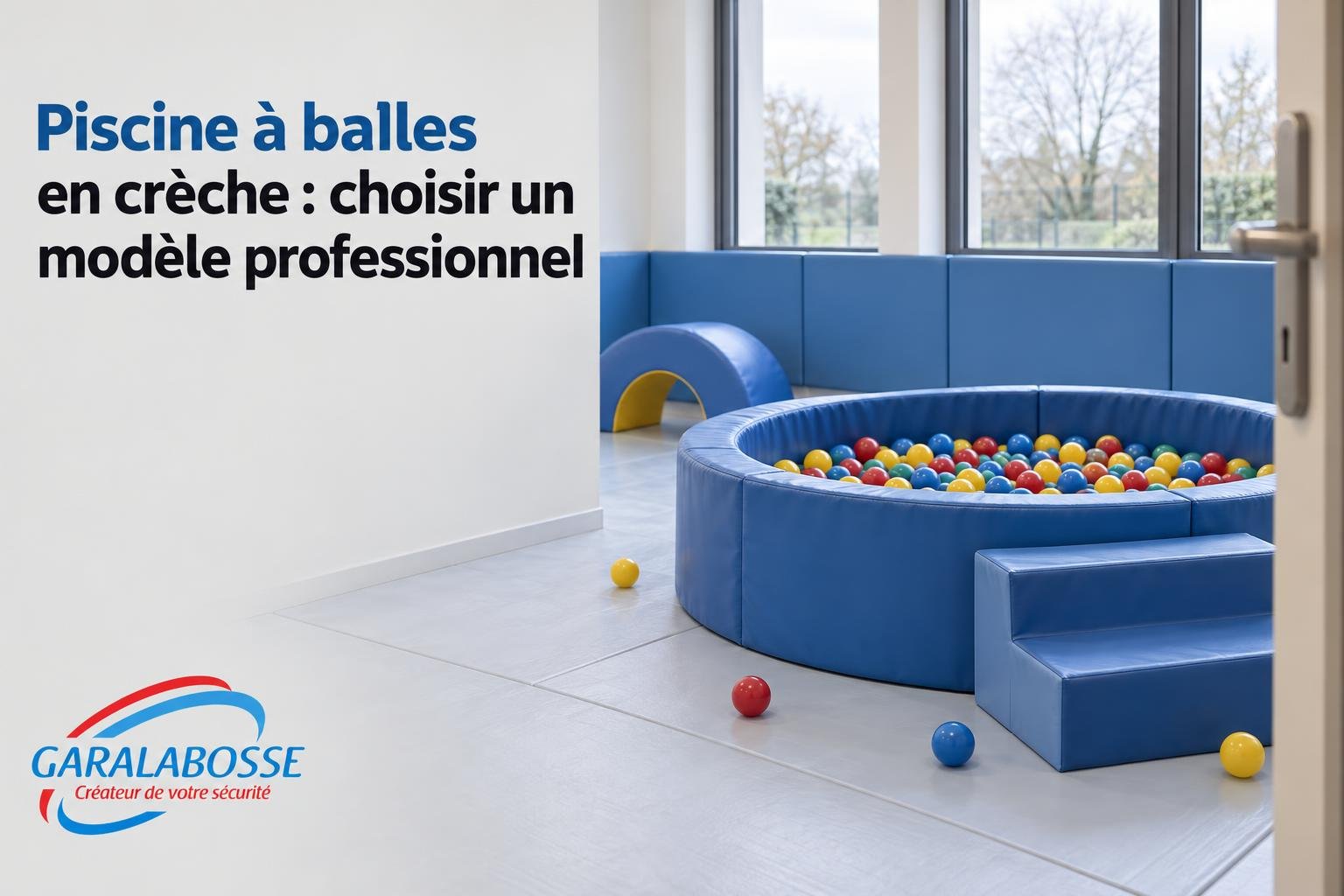 Piscine à balles bleue en crèche entourée de murs et d’un sol clair avec quelques balles colorées à l’intérieur et près de