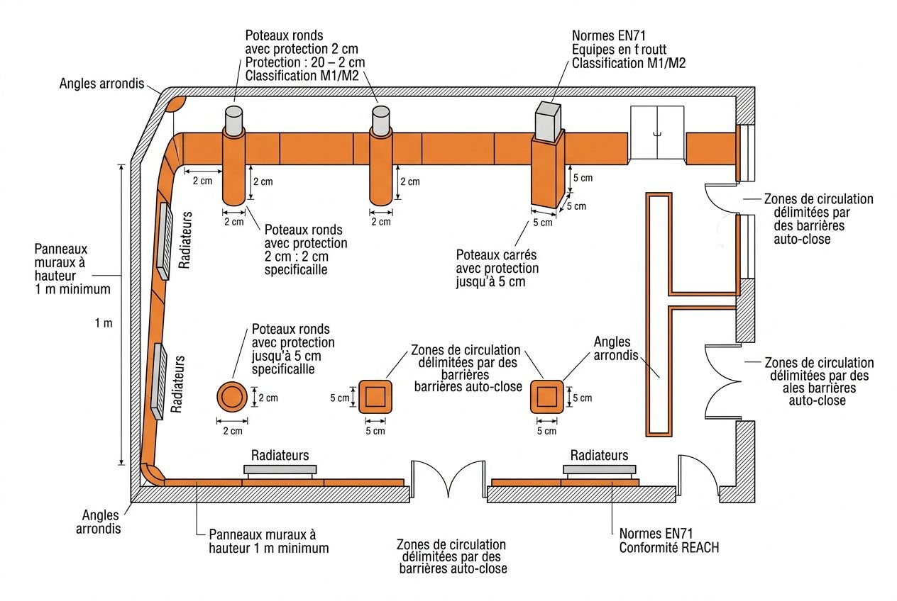 Plan d’aménagement d’un gymnase avec protections et zones de circulation, incluant poteaux ronds/carrés et radiateurs pour sécurité équipement sécurité gymnase.