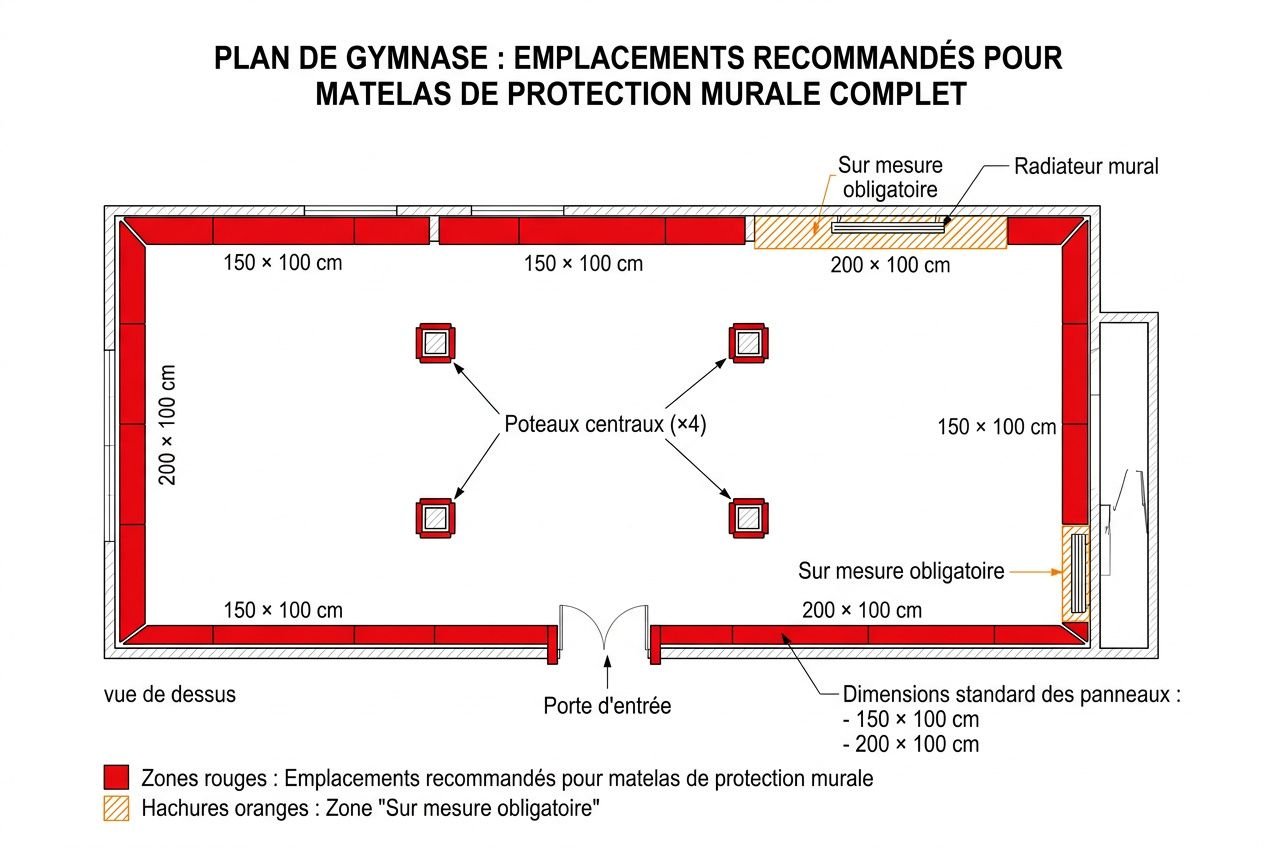 Plan de gymnase avec emplacements recommandés et zones rouges pour protections murales, murs et poteaux encadrés.