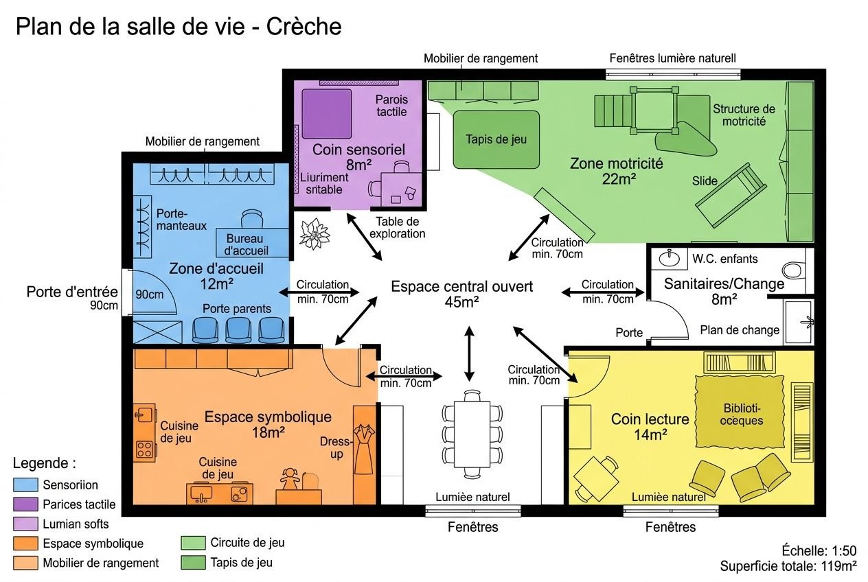 Plan de la salle de vie en crèche avec zones sensorielles, jeu symbolique et coin lecture, illustrant l’aménagement de lespace eje et l’éveil du jeune enfant.