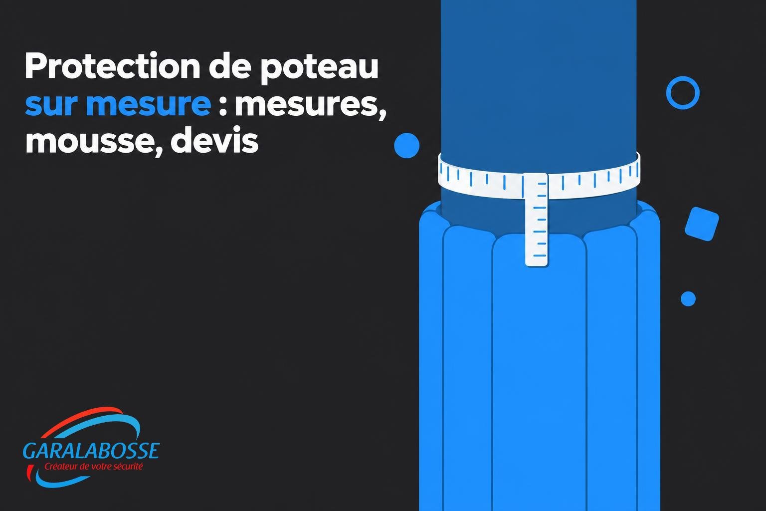 Poteau entouré d’un ruban métrique autour d’un endroit de mesure, avec une écharpe bleue et des éléments géométriques.