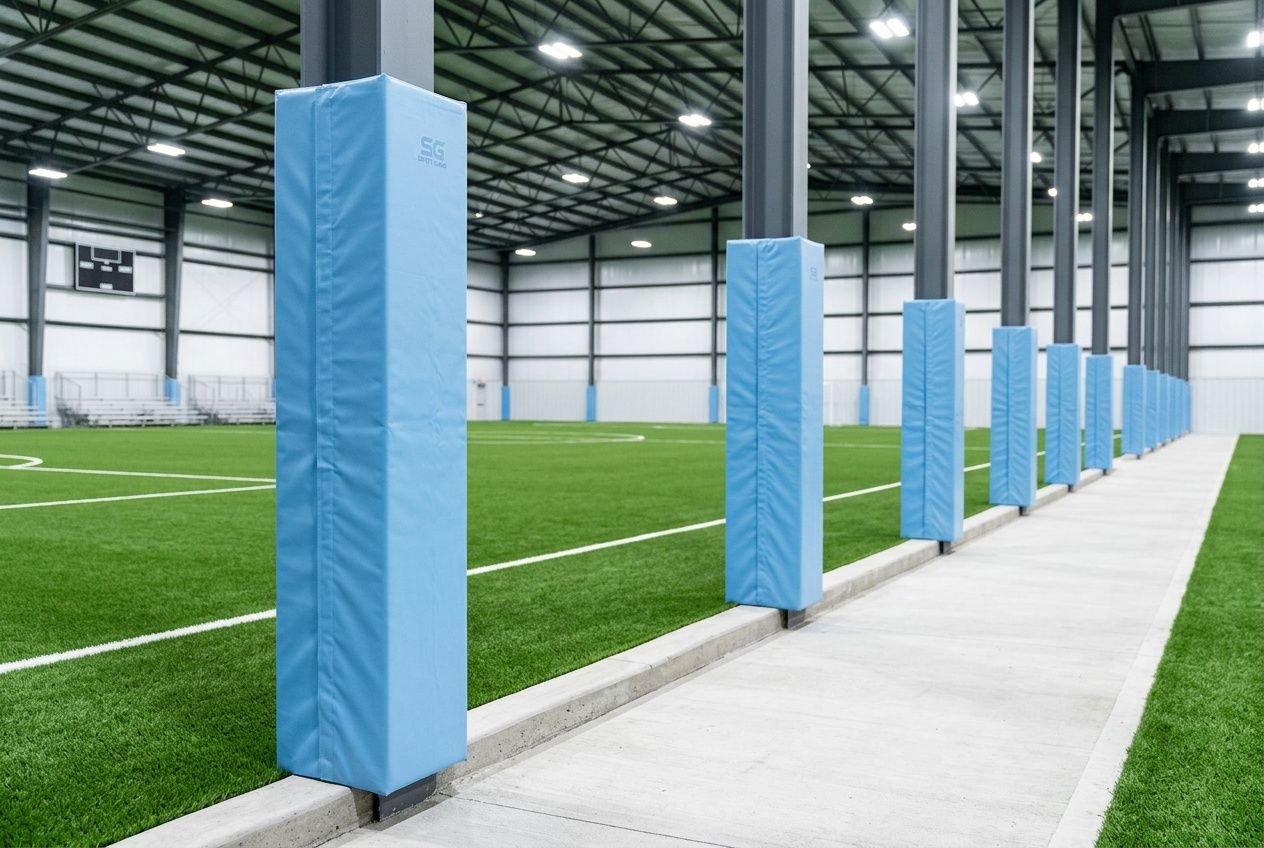 Poteaux de protection rembourrés bleus alignés le long d’un espace sportif intérieur avec gazon artificiel et murs de soutien. Protection murs espace sportif adaptée.