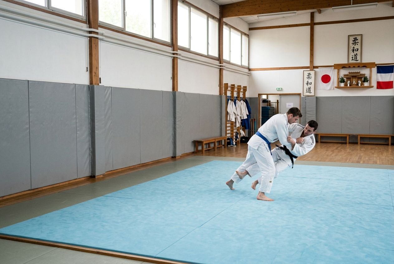Prix: protection murs espace sportif, deux judokas s'affrontent sur tatami bleu dans une salle d’arts martiaux, murs protégés et tribunes.
