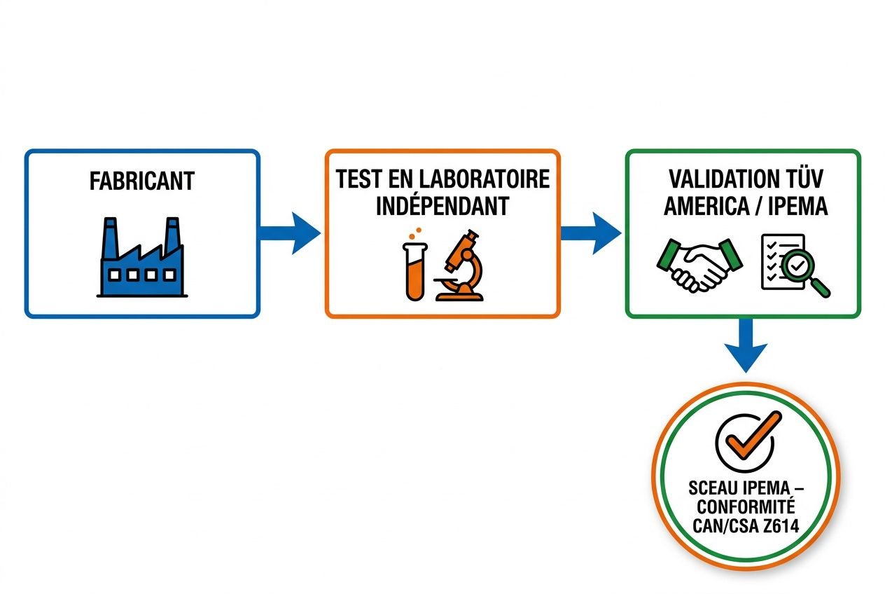 Processus de certification: fabricant → test en laboratoire indépendant → validation TUV America/IPEMA, attestant de la conformité CAN/CSA Z614 (norme CSA pour les aires de jeux).