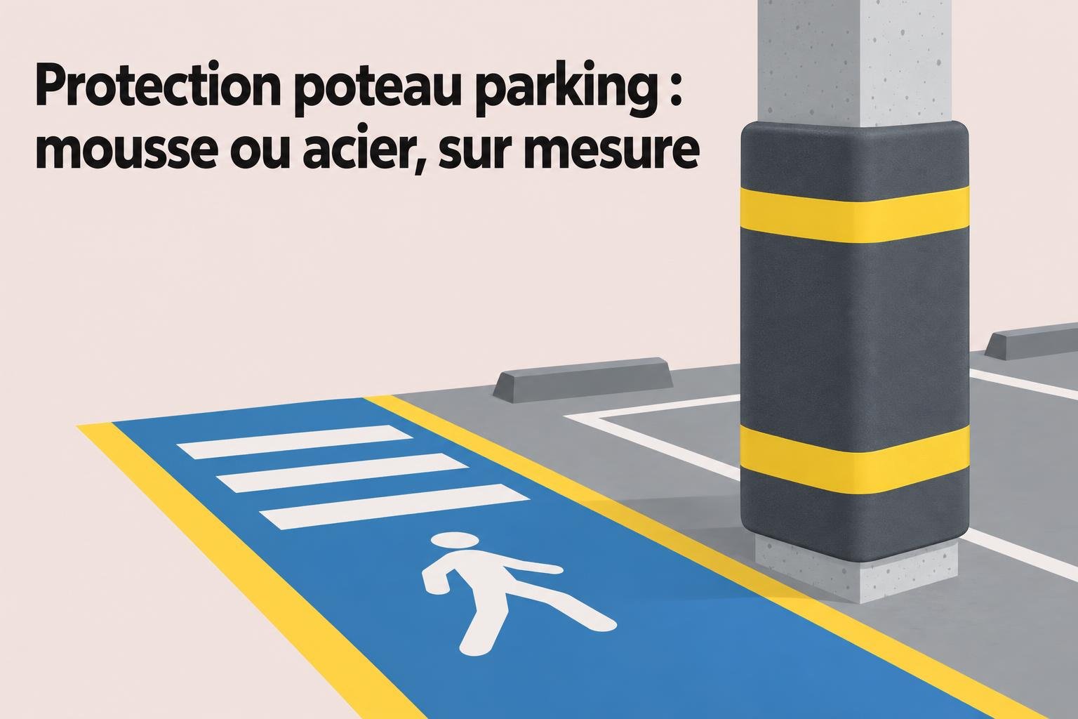 Protection d’un poteau de parking entouré d’un capotage en caoutchouc noir avec bandes jaunes, sur fond de zone de passage pour