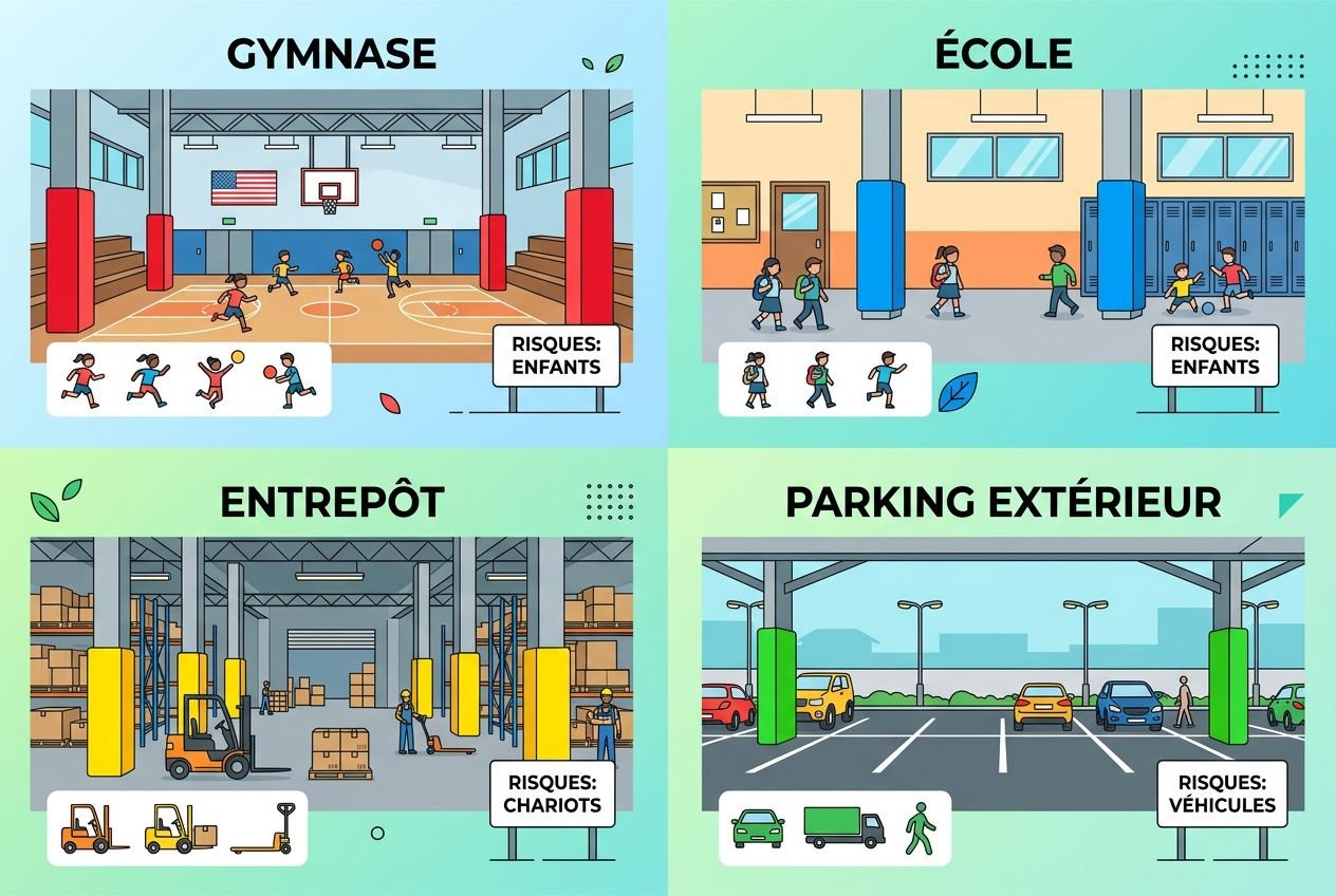 Protection mousse poteau rond: image montrant des poteaux ronds entourés de protections en mousse colorées dans un parking, gymnase, école et entrepôt (exemples de lieux).