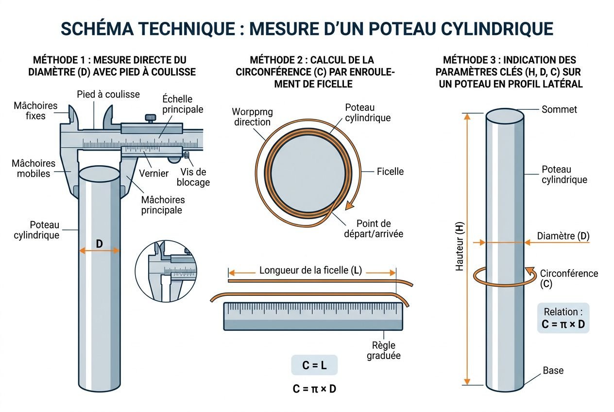 Protection mousse poteau rond et pilier sur-mesure: vue technique montrant une protection en mousse autour d’un poteau cylindrique, mesures et dimensions, avec schéma et échelles.
