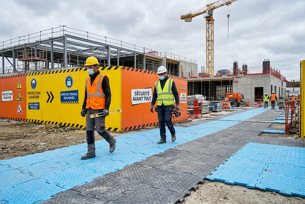 Protection sol chantier personnalisé: travailleurs en casques et gilets réfléchissants sur une zone de chantier, sol temporaire bleu et panneaux de sécurité.