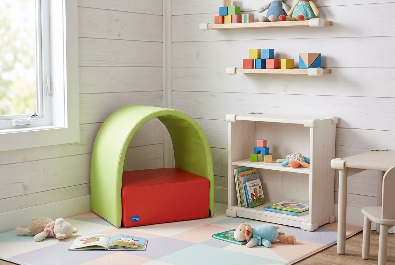 Protège angle bébé en mousse et coin de meuble dans une chambre d’enfant, sous un petit tunnel vert, tapis pastel et étagères avec jouets.