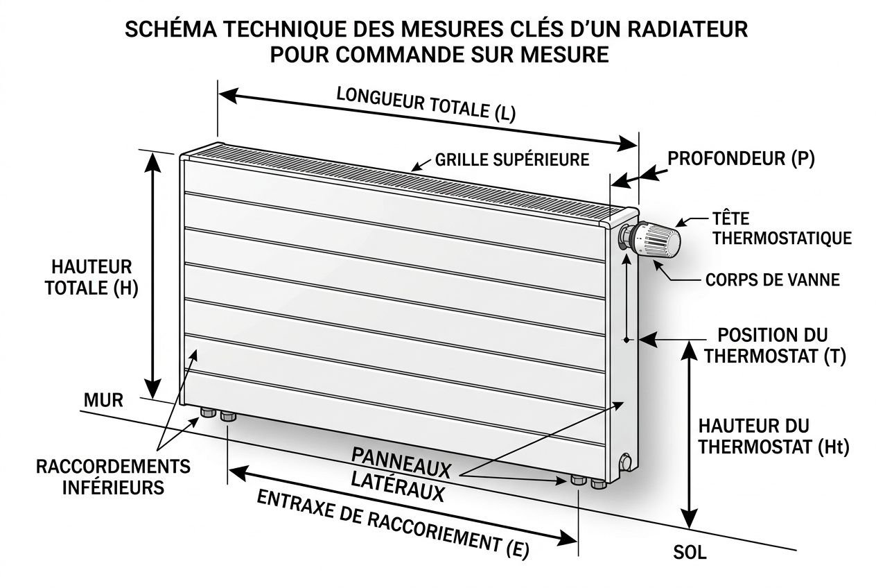 Protège-radiateur salle sport en mousse haute densité : schéma technique des mesures et éléments (longueur, hauteur, épaisseur, raccordements) pour commande sur mesure. Protection et absorption des chocs.
