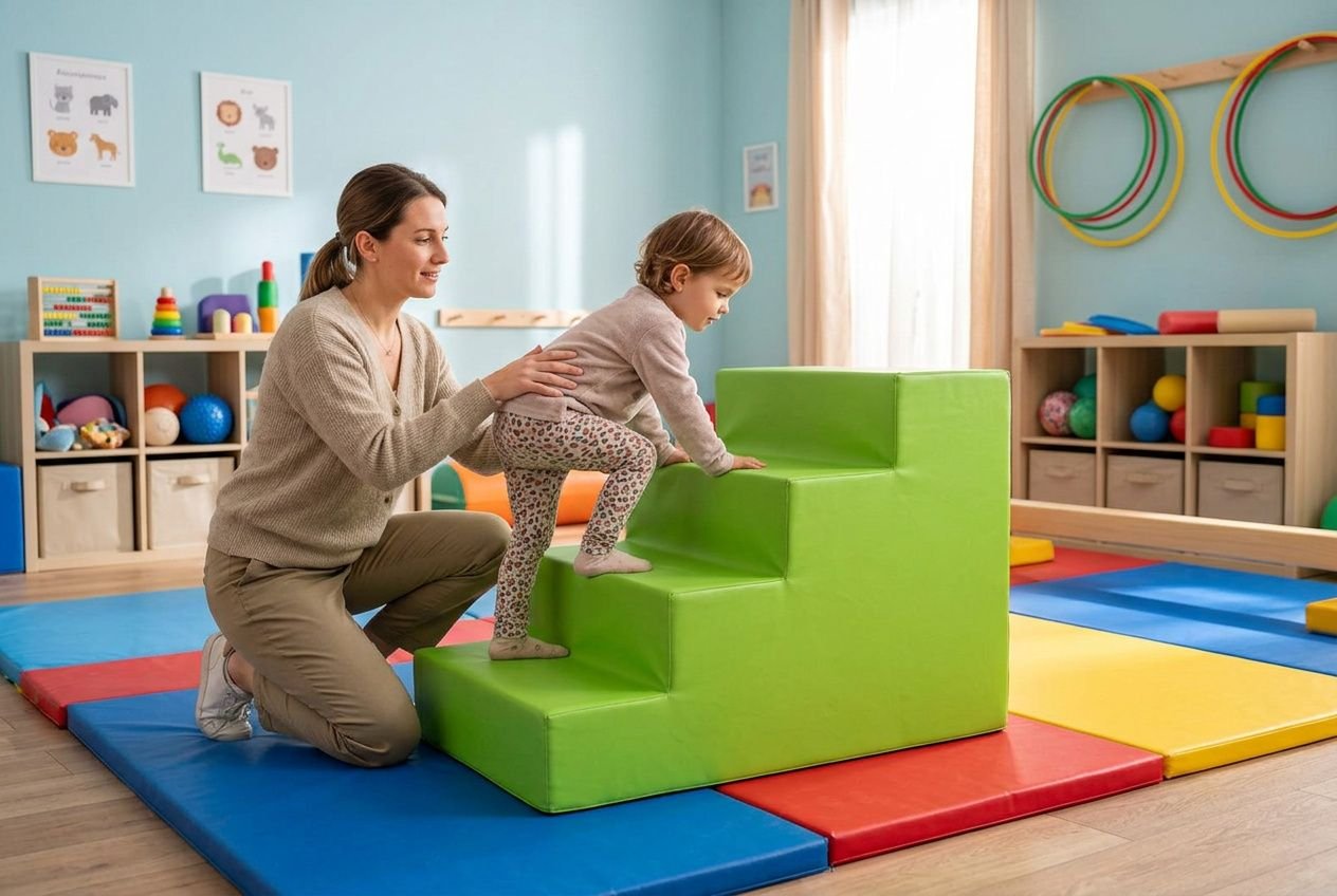 Une psychomotricienne aide un jeune enfant à monter des marches en mousse vertes, dans une salle de jeux adaptée avec tapis colorés.