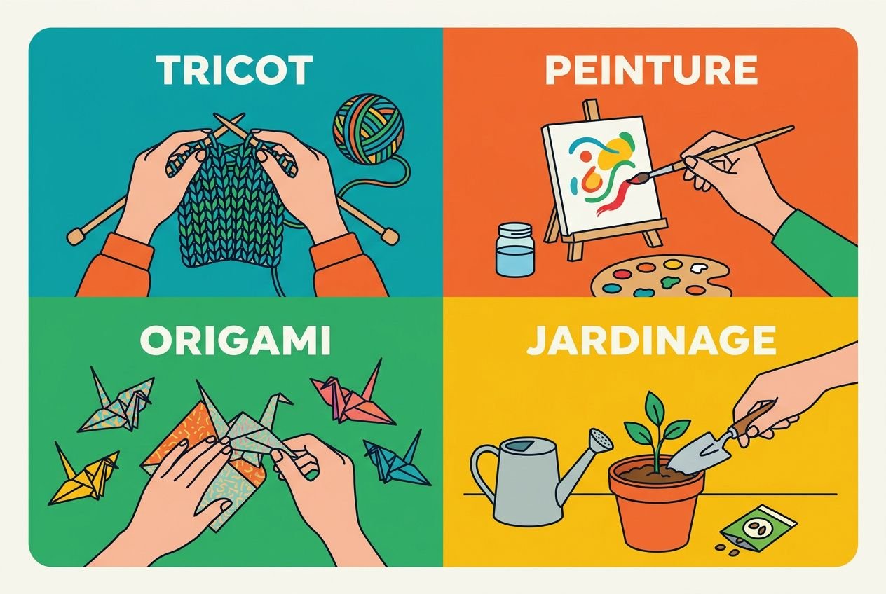 Quatre activités manuelles colorées : tricot, peinture, origami et jardinage, chacune illustrée par des mains et des outils correspondants.