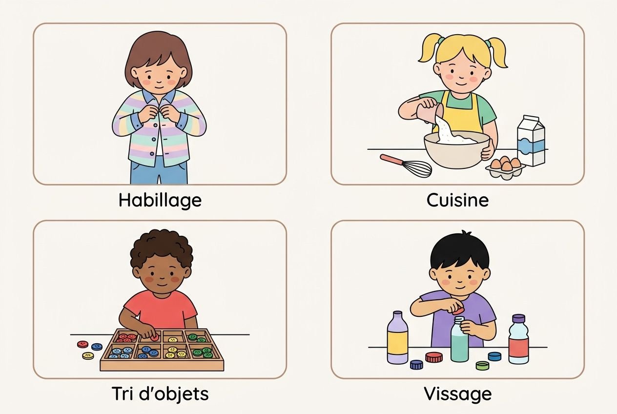 Quatre activités pour renforcer la motricité fine chez l’enfant: habillage, cuisine, tri d’objets et visage, illustrant des gestes précis. comment renforcer la motricité fine de son enfant peut s’assurer ici.