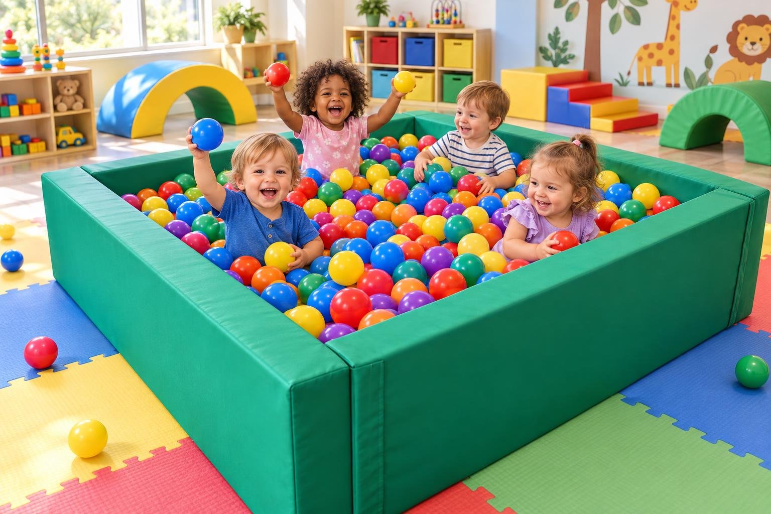 Quatre enfants jouent dans un grand bac vert rempli de boules de piscine colorées dans une salle de jeux.