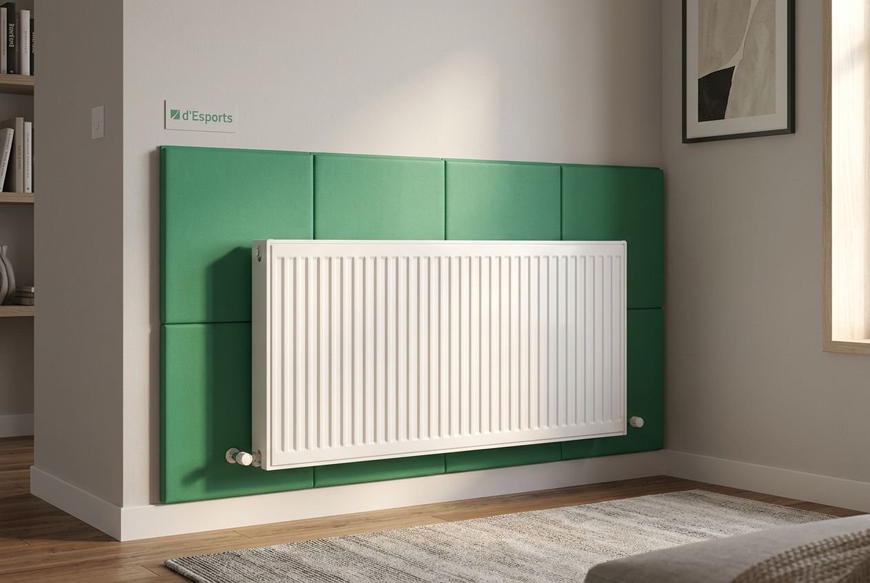 Radiateur blanc posé sur un mur entouré d’un habillage vert émeraude, nécessaire pour isoler le mur derrière radiateur.