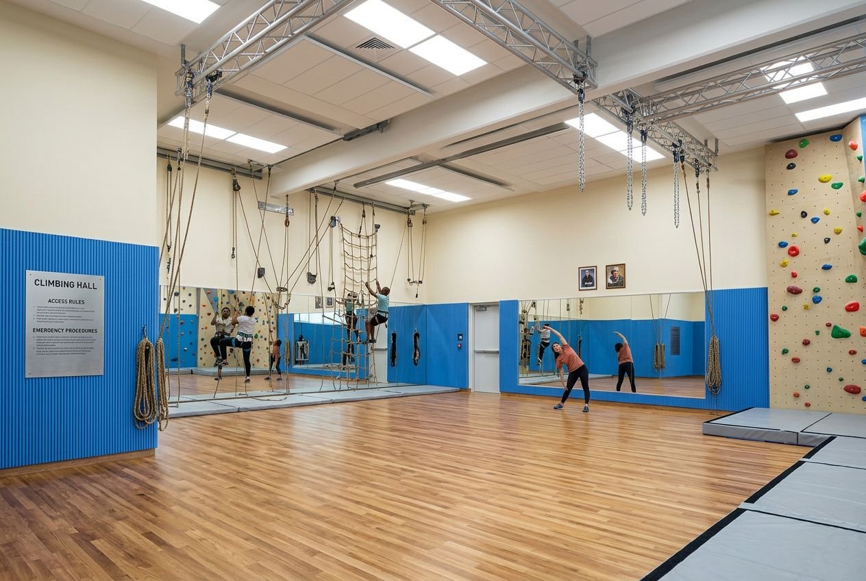 Salle d’escalade intérieure avec mur d’escalade, parcours acrobatique et tapis de réception, hauteur mur d'escalade adaptée à l’entraînement.