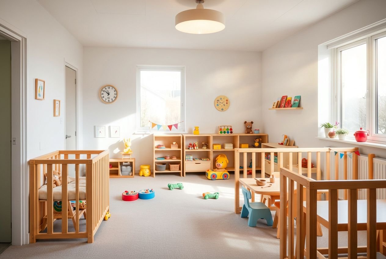 Salle d’éveil lumineuse et sécurisée pour jeunes enfants avec zones de jeux, meubles en bois et rangement pratique, adaptée à l’aménagement de lespace eje.