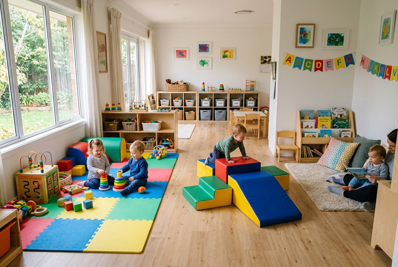 Salle de jeux en crèche avec coins motricité, tapis colorés, modules de troncs et blocs pour aménagement espace motricité petite enfance, jeux libres et enfants en activité.