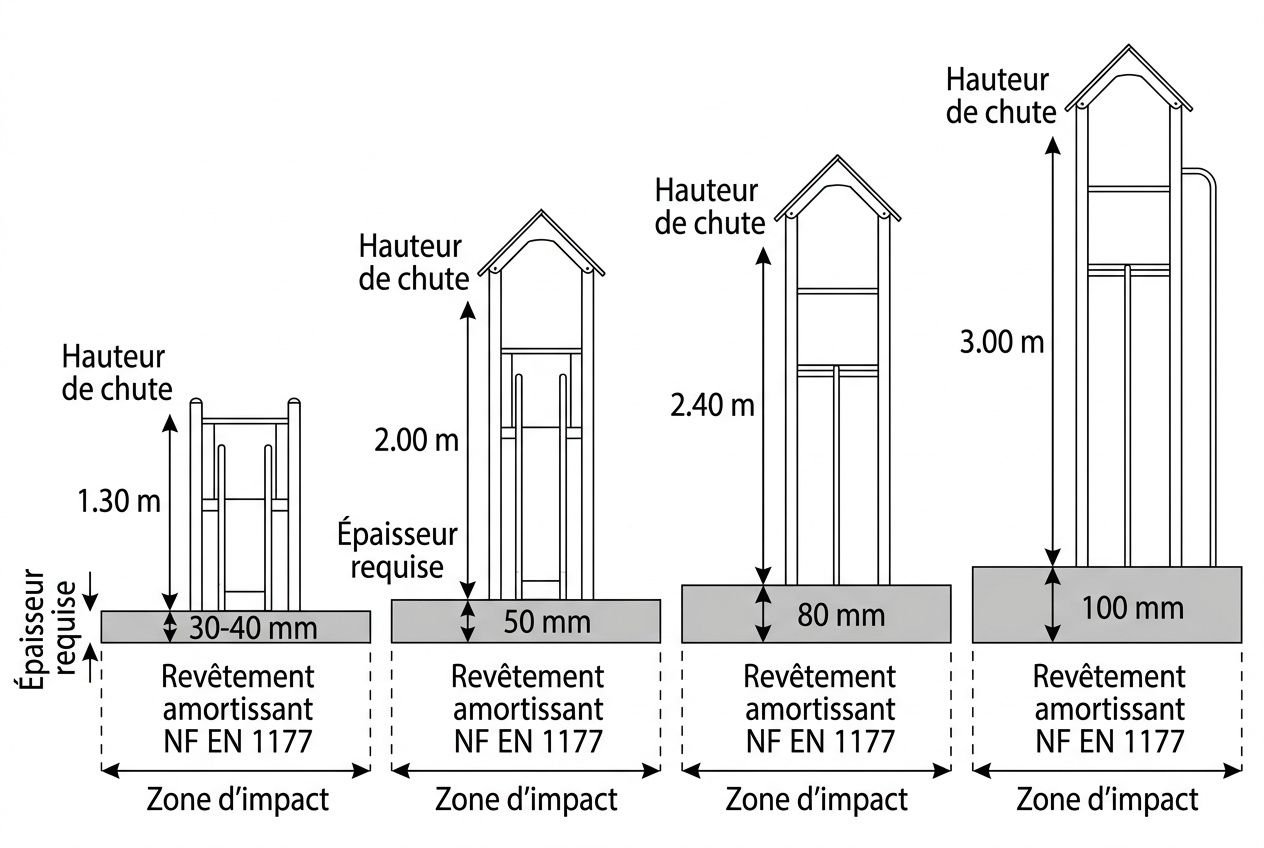 Schéma d’aires de jeux montrant quatre postes avec dimensions de chute, épaisseur et revêtement NF EN 1177, conformité et zones d’impact. norme aire de jeux 2026 intégrée.