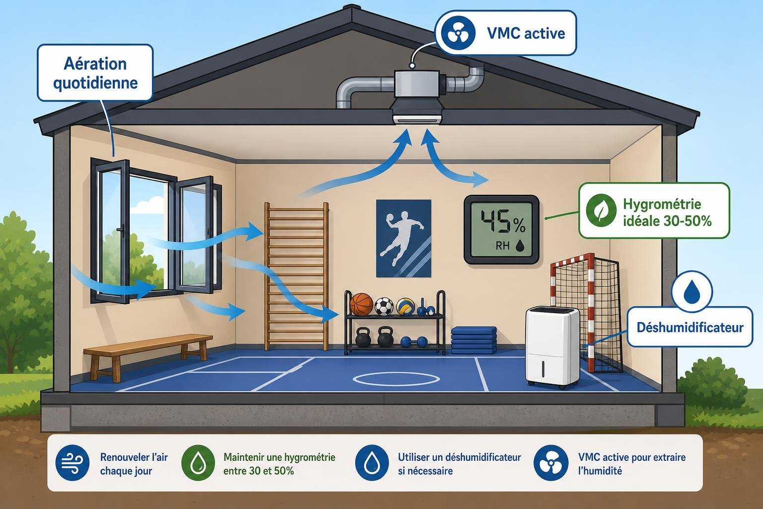 Schéma d’une salle de sport avec aération quotidienne, VMC active et déshumidificateur; humidité 45% et hygrométrie idéale 30–50%. ventilation, déshumidification et entretien pour éviter les moisissures. évitez les moisissures salle de sport intégrée naturellement.