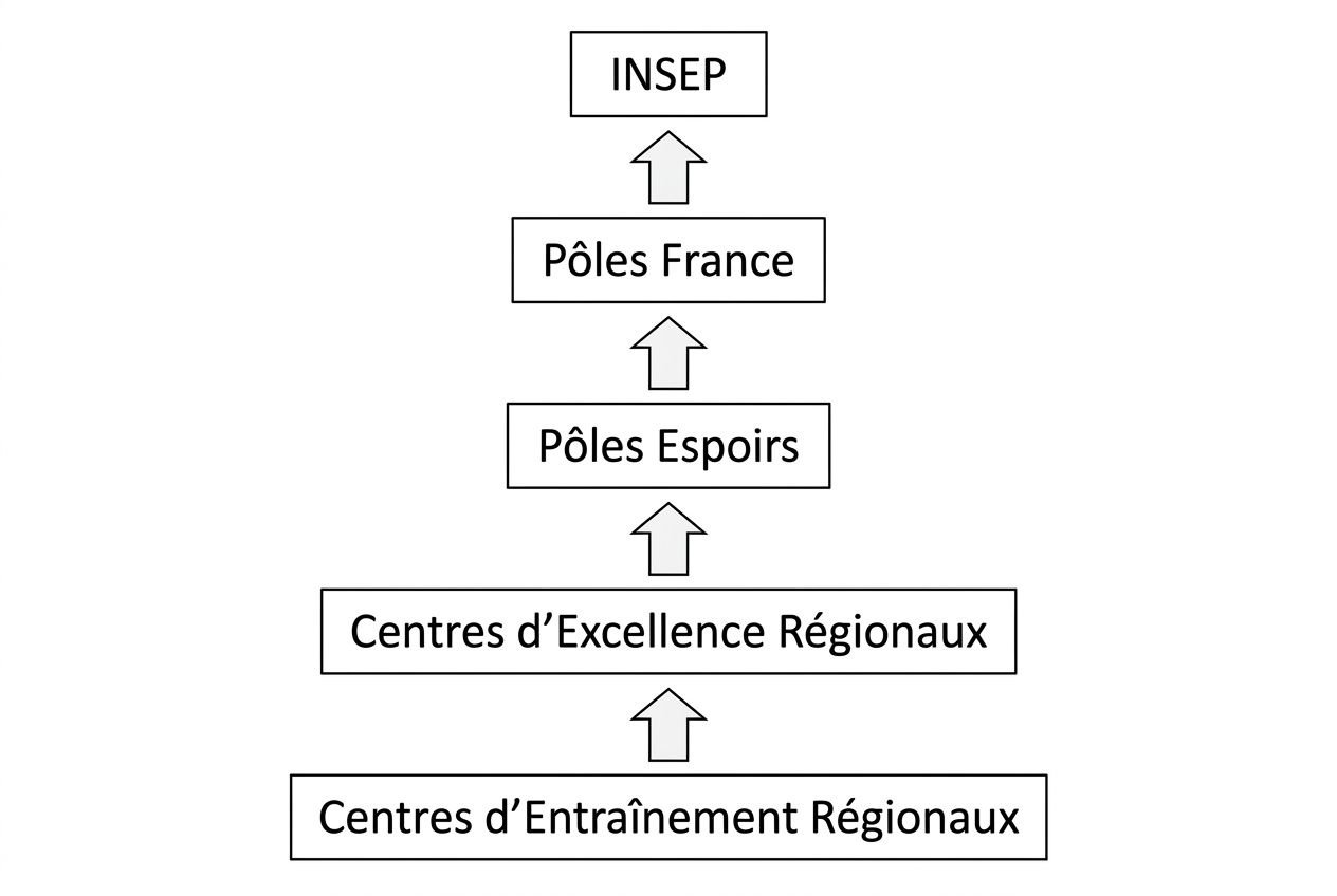 Schéma hiérarchique des centres sportifs: Centres d’Entraînement Régionaux → Centres d’Excellence Régionaux → Pôles Espoirs → Pôles France → INSEP, montrant leur progression vers le centre de formation sportif de haut niveau.