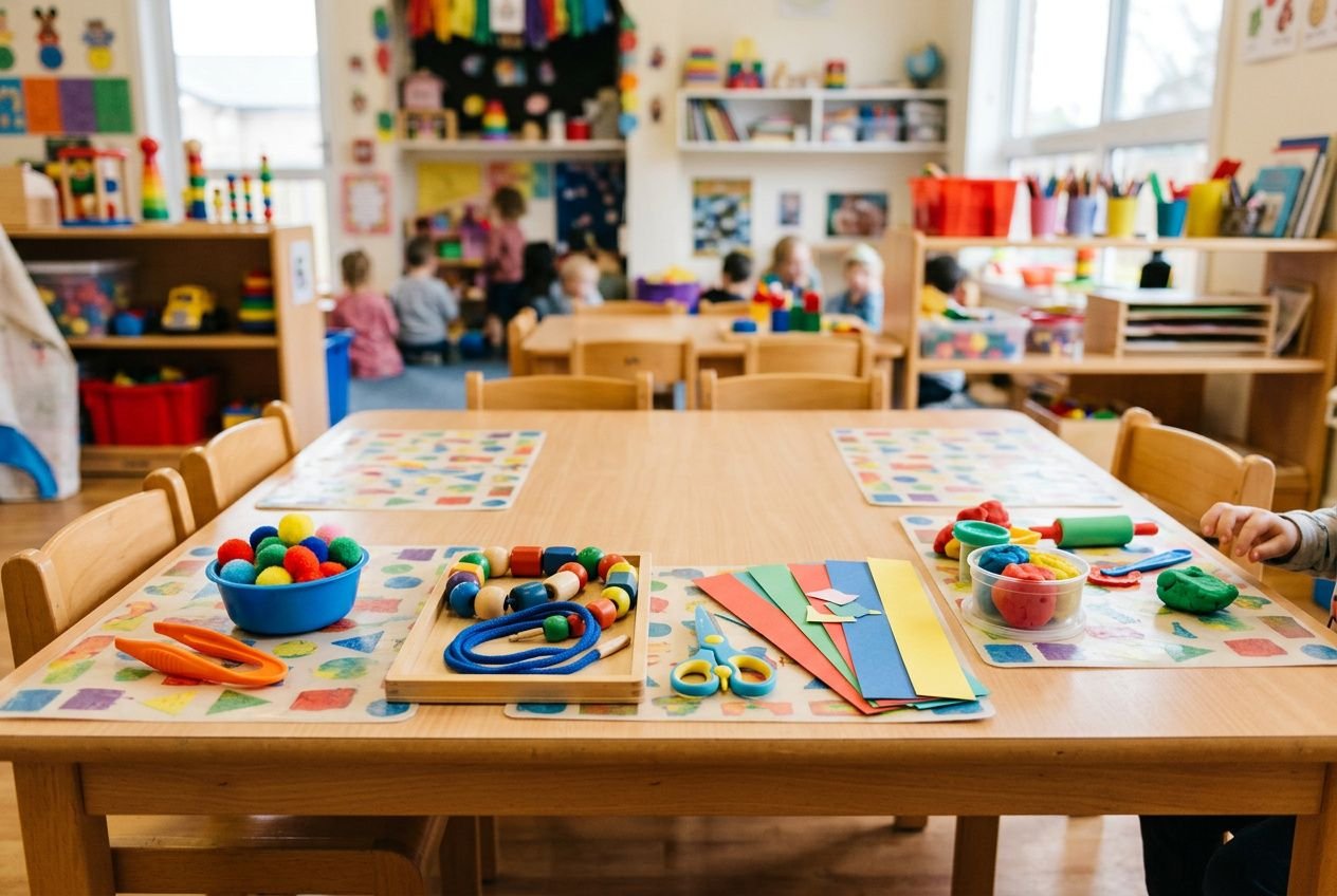Table d’activités en maternelle avec matériel de motricité fine et jeux d’éveil adaptés à l’“activité motricité fine 3 4 a” dans une classe.
