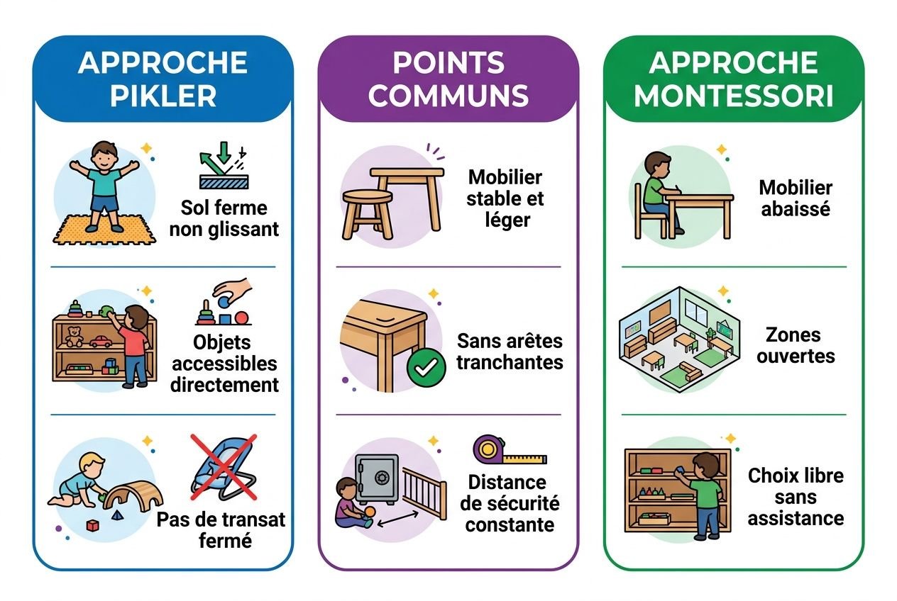 Trois panneaux illustrés sur l’aménagement de lespace en crèche cairn: approche Pikler, Points Communs et approche Montessori, avec conseils visuels sur sécurité et accessibilité.
