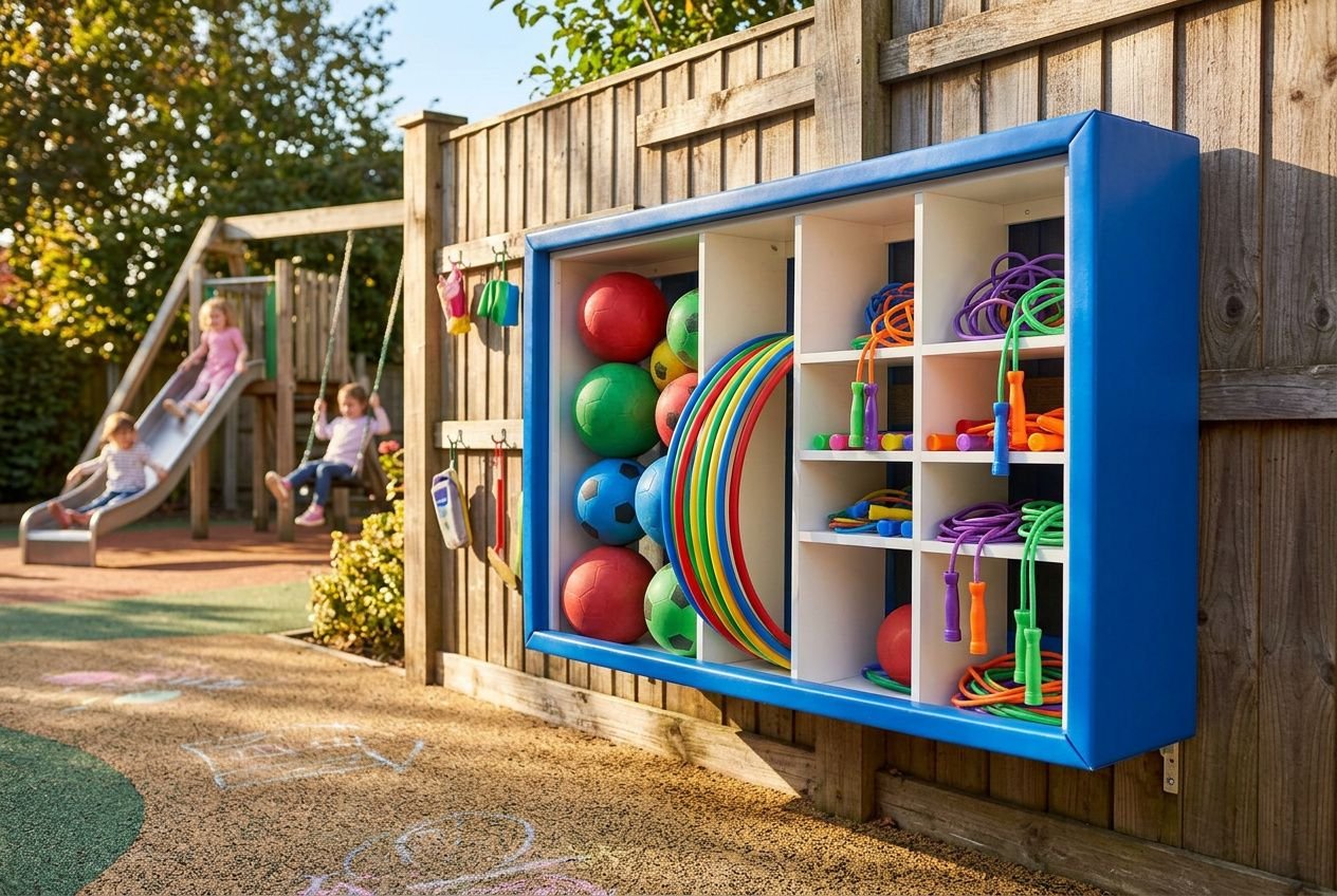 Voir une aire de jeux extérieure aménagée avec mur de rangement bleu contenant ballons, cerceaux et matériel varié; toboggan et jeux pour enfants en arrière-plan. Aménagement aire de jeux extérieur.